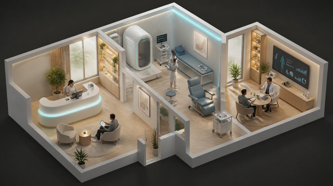 Isometric cutaway of a preventive-health clinic showing reception, exam room and consultation room